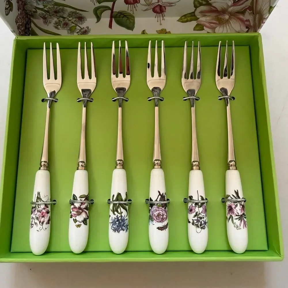 Portmeirion Botanic Garden Pastry Tea Fork Set of 6 Floral Boxed NIB